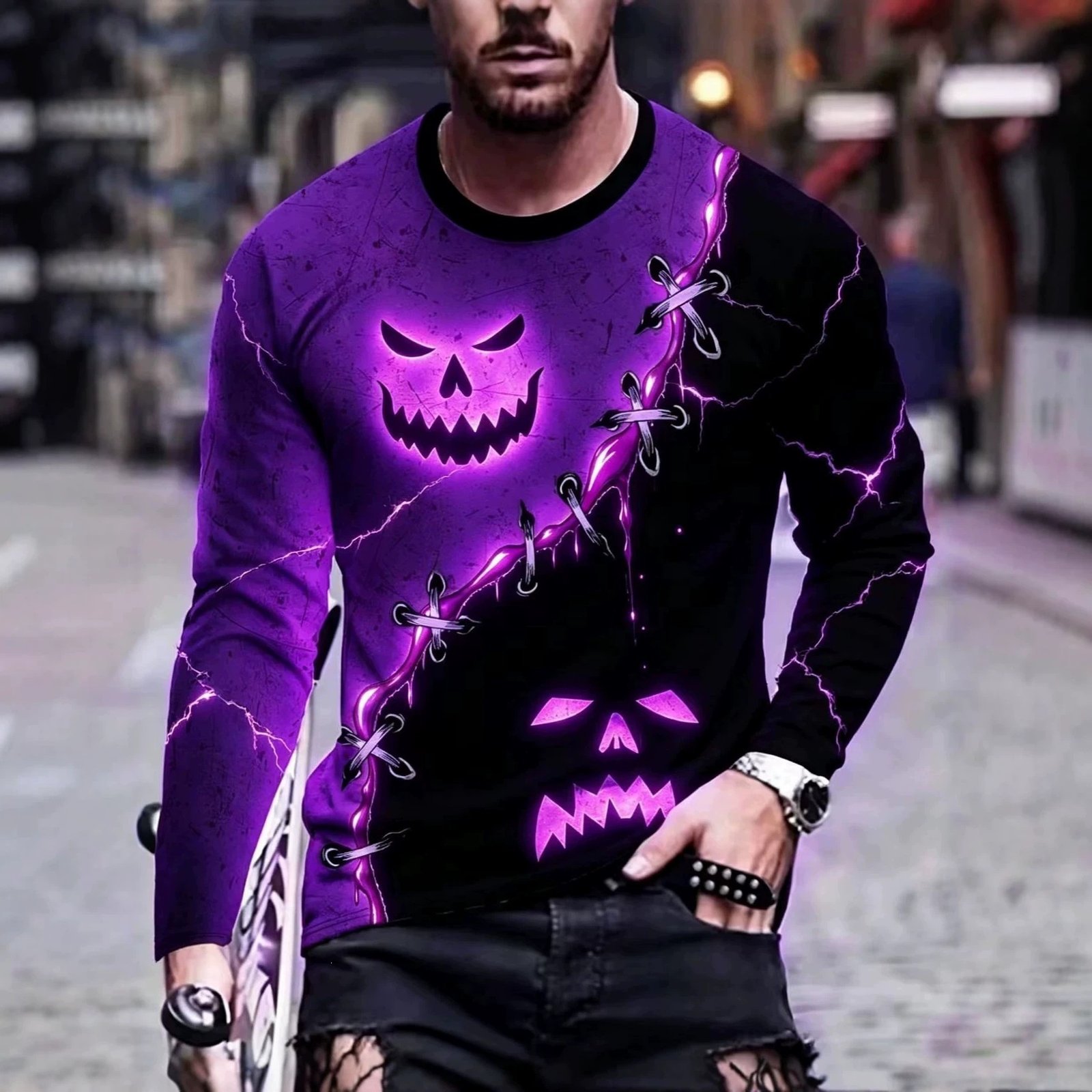 Cross-border Comfortable Versatile Men's Crew Neck Long Sleeve T-shirt, 3D Printed Halloween Series With Color Block Design, Suitable For All Seasons - Image 2
