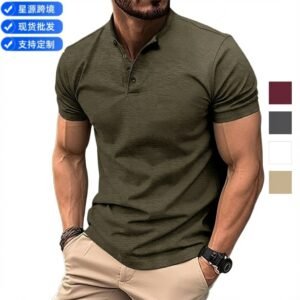 Knitted Men's Short-sleeved Shirt With Henley Collar And Buttons For Summer Sports