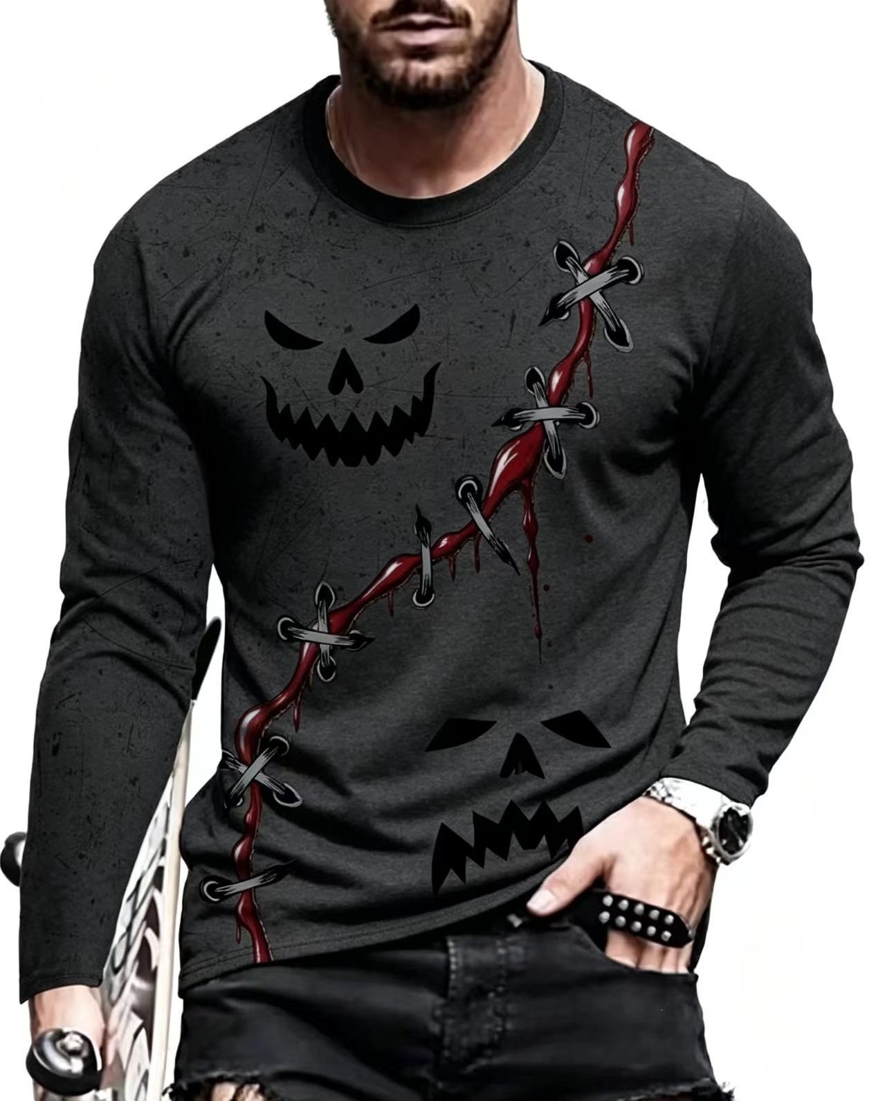 Cross-border Comfortable Versatile Men's Crew Neck Long Sleeve T-shirt, 3D Printed Halloween Series With Color Block Design, Suitable For All Seasons - Image 9