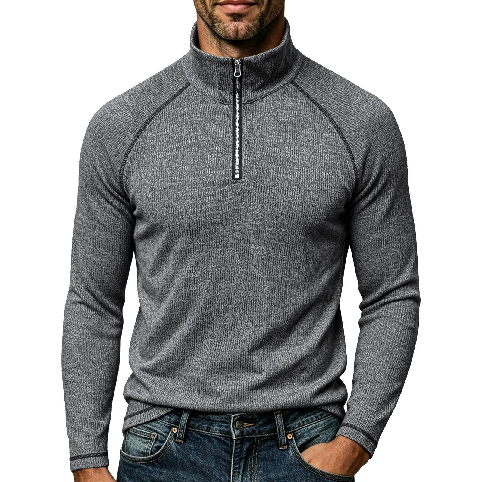 Mens Sports Turtleneck Long-Sleeve Zip-Up Top - Image 6