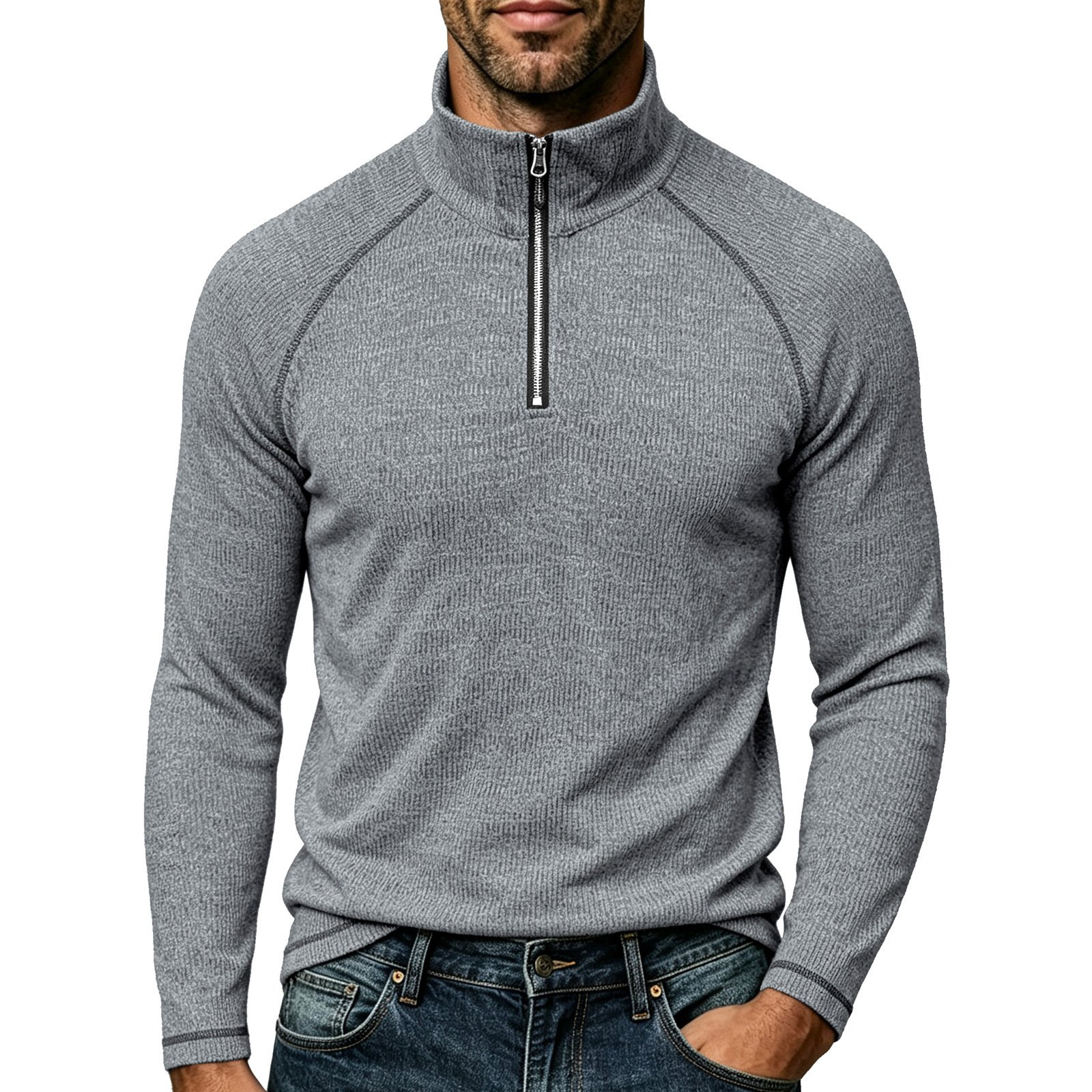Mens Sports Turtleneck Long-Sleeve Zip-Up Top - Image 10